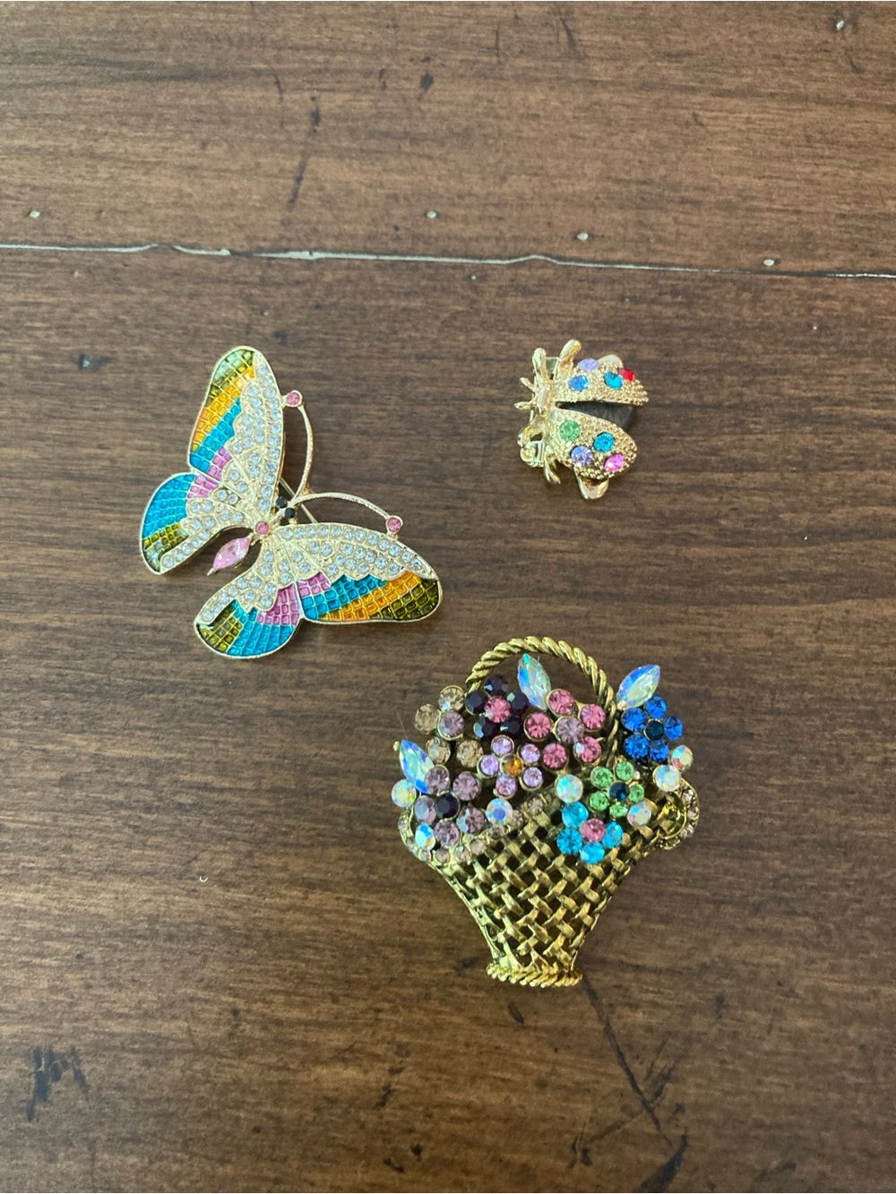 Crystal Butterfly,ladybug, & flower basket brooch set